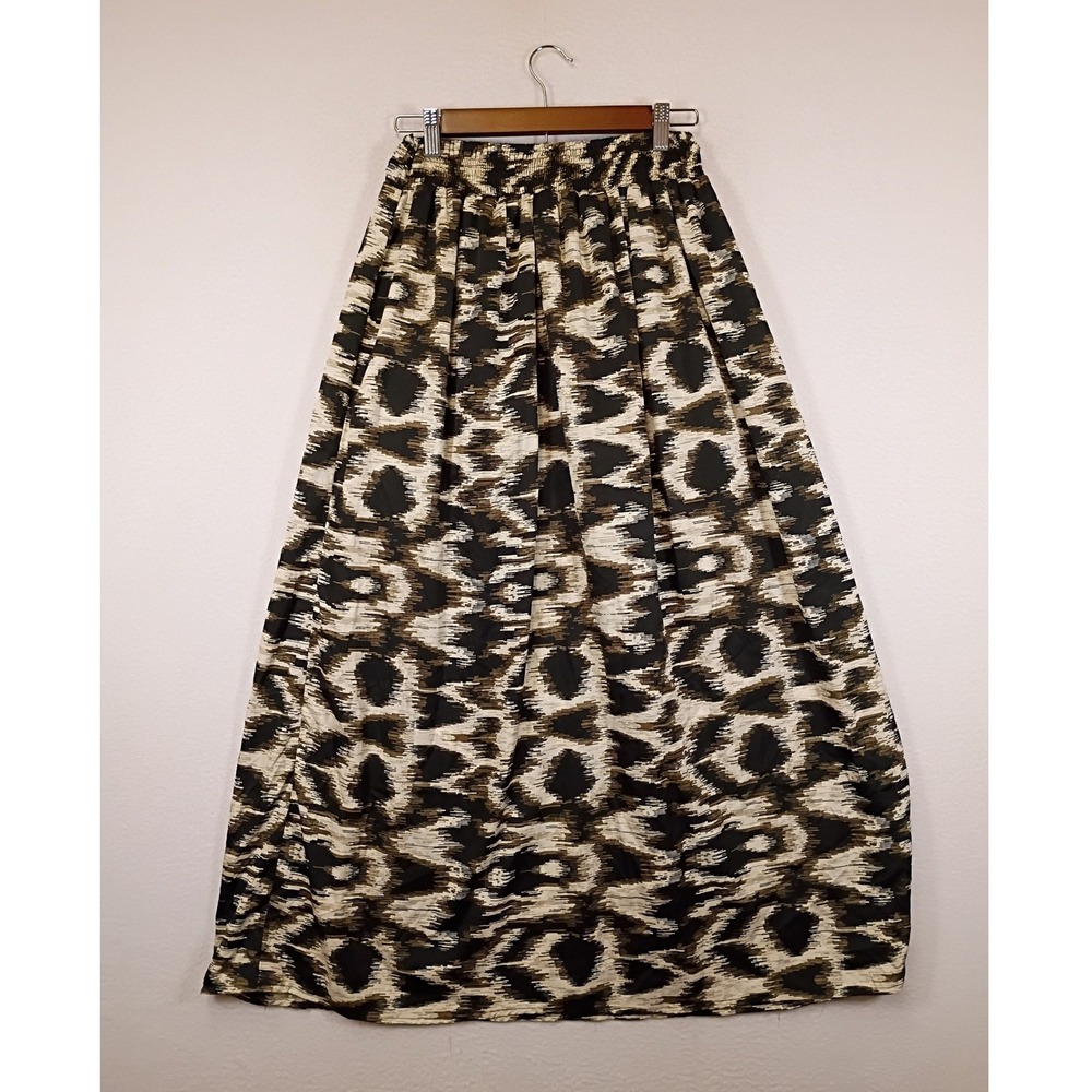 Boho Ikat Bella Moda Women Small Black Cream Olive Abstract Smocked Maxi Skirt